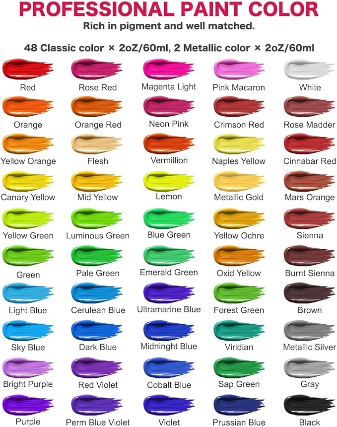 Acrylic Paint Set - 50 Colors 2 oz/59 ml Acrylic Paints for Professional Artists with 10 Brushes , Art Supplies for Painting Canvas Rock Wood Ceramic Glass Art Craft Painting, Rich Pigments Lasting Quality for Beginners, Students & Professional Artist