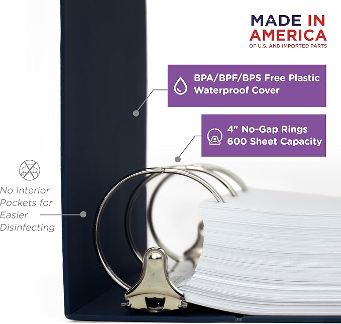 Carstens 4-Inch Heavy Duty 3-Ring Binder - Side Opening, Navy Blue, Durable Plastic, Precision No-Gap Rings, Waterproof Cover, No Pockets, Holds 600 US Letter Sheets, BPA-Free, Made in USA (1849-3R)