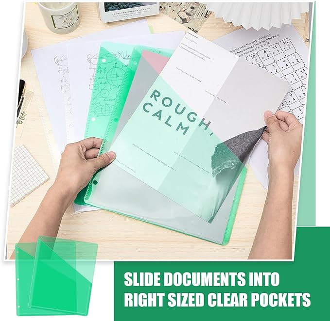 Seajan 100 Pcs Pocket Folders for 3 Ring Binder Clear Plastic Folders Sleeves with 2 Pockets 3 Hole Punch Binder Dividers Poly Slash File Jackets for Office School Document Organizer (Green)