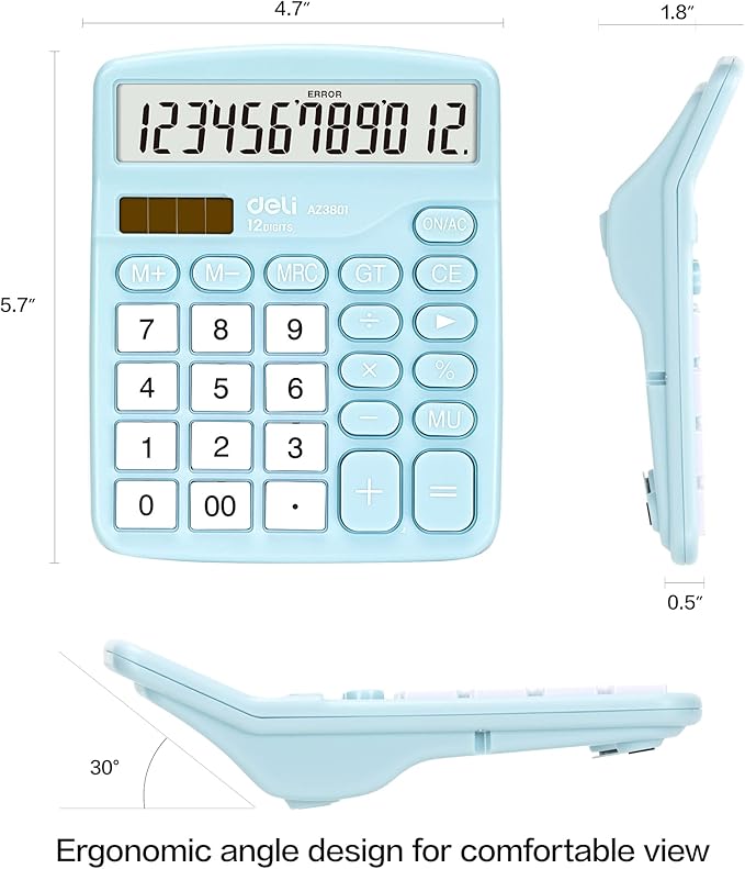 Calculator, Deli Standard Function Desktop Calculators with 12 Digit Large LCD Display and Sensitive Button, Solar Battery Dual Power Office Calculator, Blue