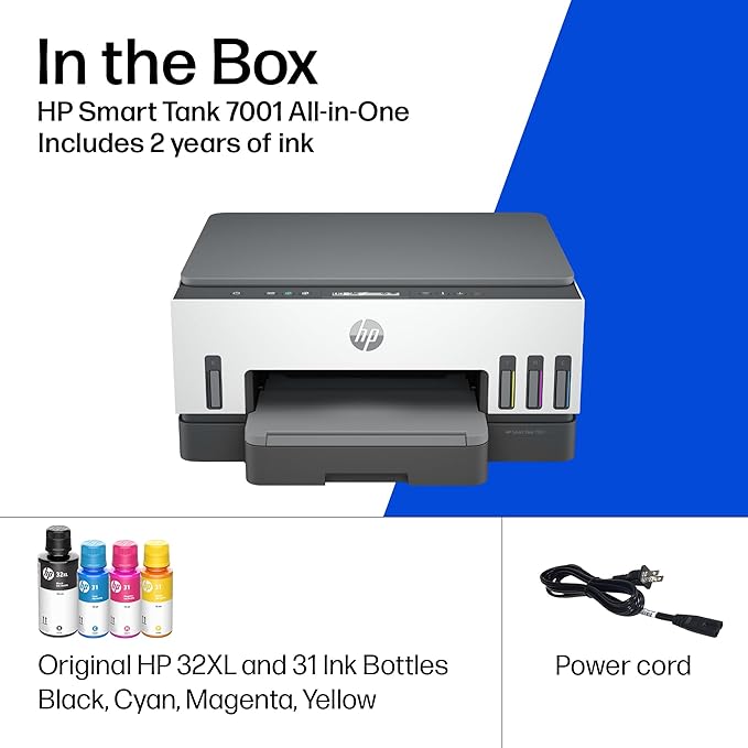 HP Smart Tank 7001 Wireless All-in-One Ink Tank Printer, Scanner, Copier with 2 years of ink included, Best-for-home office, Cartridge-free Refillable, AI-enabled (28B49A)