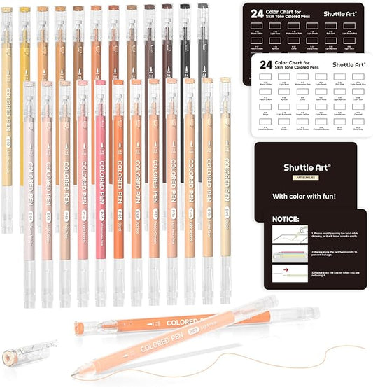 Shuttle Art Colored Pens, 24 Skin Tone Colors Cute Journal Pens 0.6mm Fine Point Colored Gel Pens for Black Paper Adult Coloring Writing Drawing Journaling Note Taking School Office Home