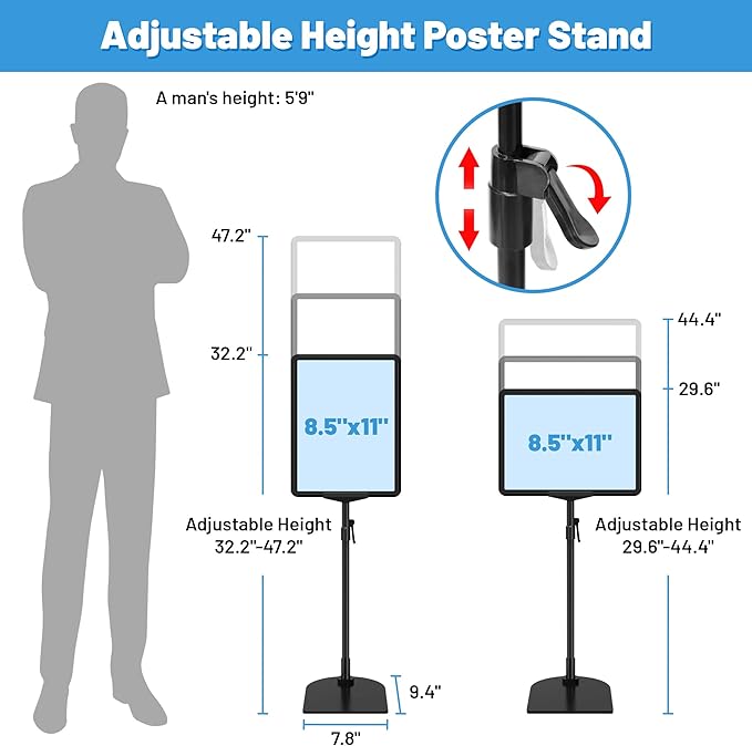 Sign Holder Stand 8.5 x 11, Adjustable Poster Stand for Table Top & Floor, Metal Signage Display Stands, Floor Standing Sign Holder for Advertisement, Tradeshow, Store, Business, 2 Pack