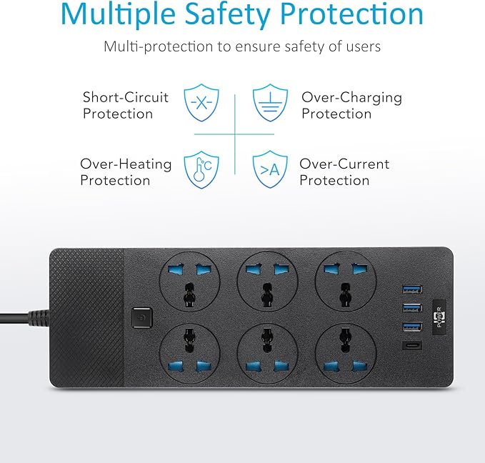 Universal Power Adapter, Jumpso 3000w Power Strip with 4 USB Ports (1 USB C), 6ft Extension Cord with International Outlets, 110-240v, European Travel Plug Adapter for Home Office Travel, Black