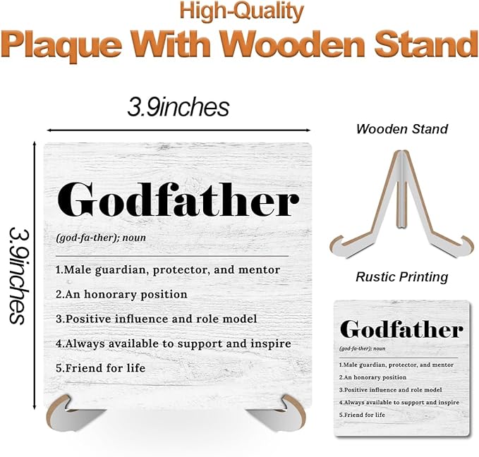 Godfather Definition Wood Sign Christian Desk Decor Rustic Office Cubicle Decor Positive Plaque with Wooden Stand Farmhouse Religious Office Desk Accessories for Home Table Shelf Godfather Gift