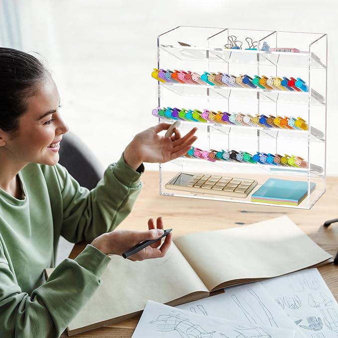 Acrylic Pen Organizer Storage for 150 Markers Vertical Marker Organizer Acrylic Pen Display Holder for Office Desk Desktop Stationery Pencil Storage, Clear, 10.2 x 4 x 9.8 Inch