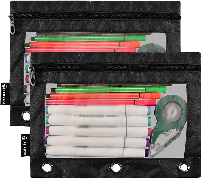 Gredecor Binder Pencil Pouch 3 Ring Black Zipper Pencil Pouches Case 2 Pack Clear Window Binder Organizer for School Office