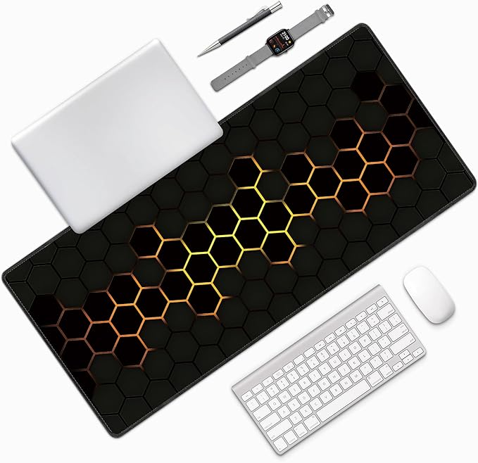 Hexagon Honeycomb Golden Large Mouse Pad, Gaming Desk Mat, XXL Extended Keyboard Desk Pad, 35.4"x15.7" Non-Slip Rubber Base Big Mousepad with Stitched Edges for Home and Office