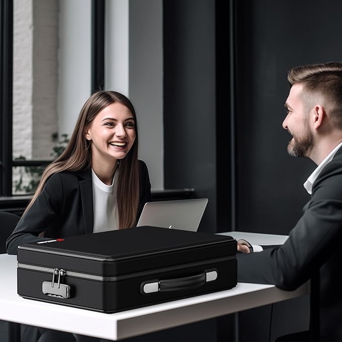 Fireproof Document Box with Fireproof Zipper, Hard Inner Shell Fireproof Document Bag with Lock, Fireproof Water Resistant Important Document Organizer 16 inch Laptop File Briefcase (Black)