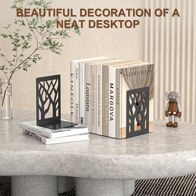 VFINE 4-Piece Modern Metal Bookends for Shelves, Black Tree Book Ends for Books, Decorative Book Organizer for Desk, Non-Skid Shelve Bookends for Home Office
