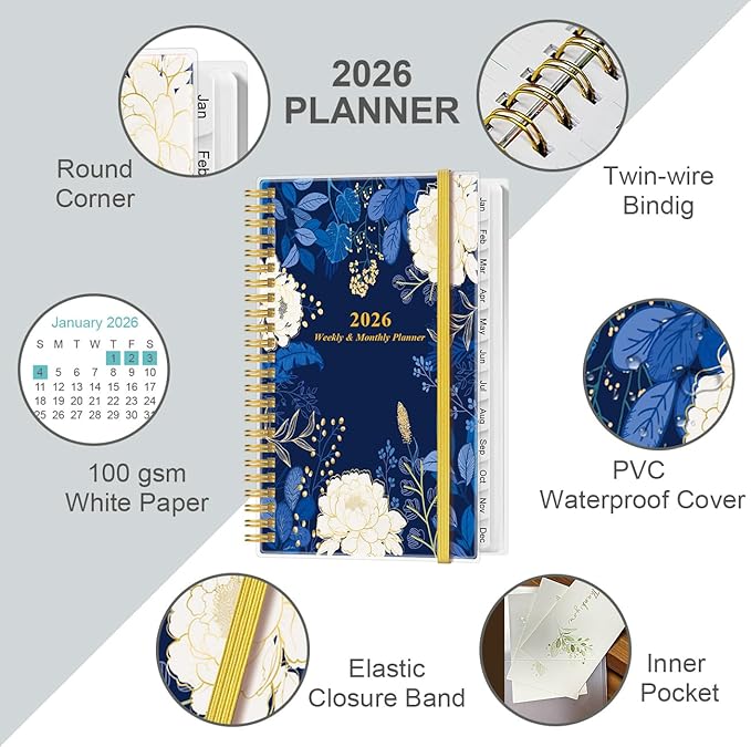 2026 Pocket Planner/Calendar - 2026 Planner from January 2026 - December 2026, Planner 2026 with 12 Tabs, Twin-Wire Binding, Inner Pocket, 3.75" x 6.75, Blue Leaf Flower