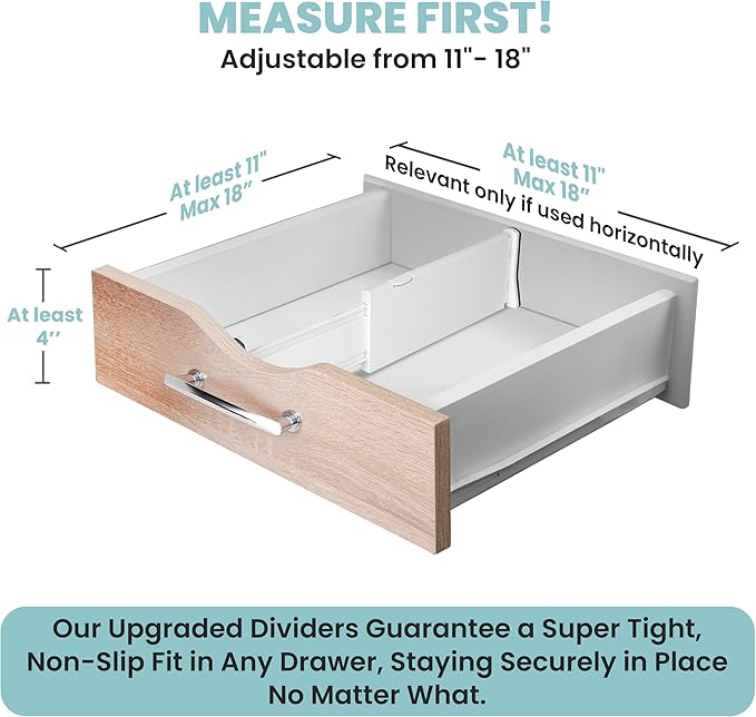 RAPTUROUS Adjustable Drawer Dividers 4 Pack, 4” High, 11-17” Long, Dresser Drawer Divider for Bedroom, Closet, Kitchen, Nursery Organization, Office, Strong & Sturdy Hold, Soft Foam Edges（White）