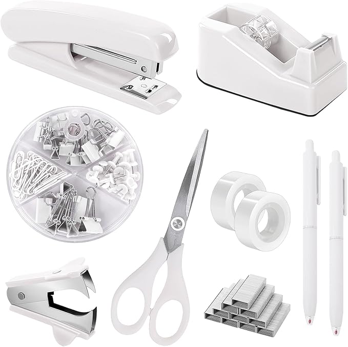 SKYDUE White Office Supplies Set, Desk Accessories, Stapler, Tape Dispenser, Scissors, Binder/Paper Clips and 1000pcs Staples, Office Decor for Women