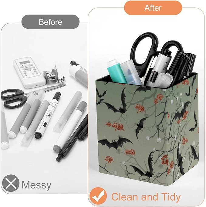 Square Pen Holder & Pencil Organizer for Desk - Office Storage Organizer, Markers/Makeup Brushes/Scissors Holder, Compact Desk Decor Accessories for Home Classroom School(Bat)