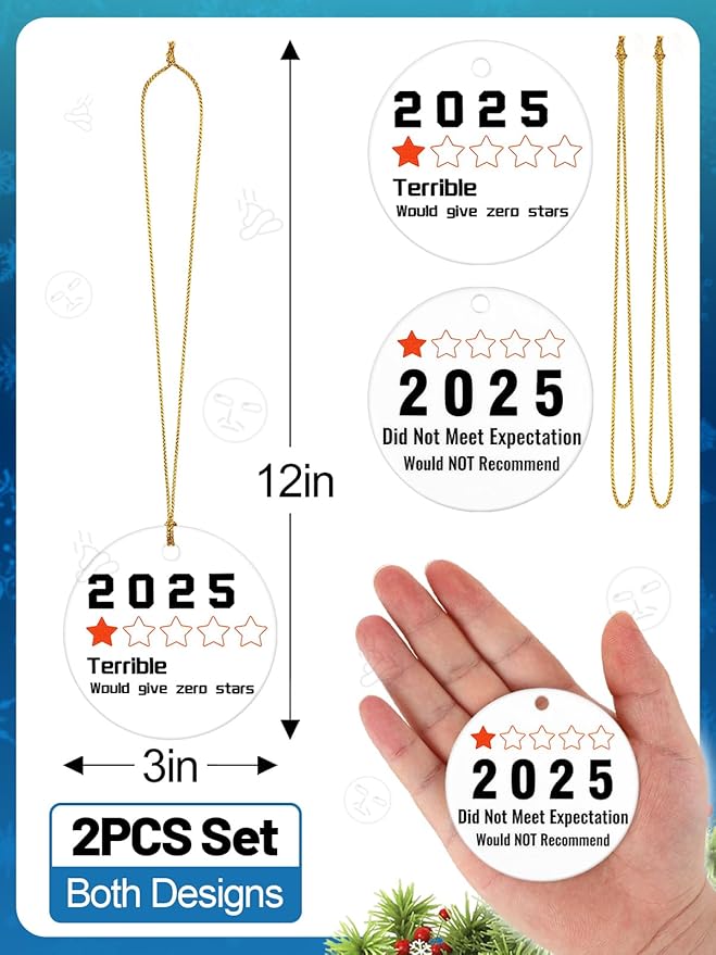 Funny Christmas Ornaments 2025 - Ceramic Hanging Tree Decorations with 1-Star Year Review Design, Gag White Elephant & Secret Santa Gifts Stocking Stuffers for Coworkers, Friends, Families