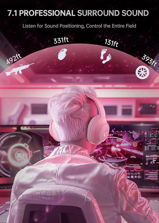 CM7002 Gaming Headset for PS5, PS4, PC, Mac, Switch, Xbox Series, Surround Sound RGB Gaming Headphones with Noise Canceling Microphone, 50MM Dynamic Drivers, 3.5MM Audio Jack, Light Pink