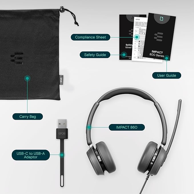 EPOS Impact 860 Dual-Sided Wired USB-C and USB-A Headset for PC with Noise-Canceling Mic, Super Wideband Audio, Crisp Sound, Comfortable Fit for Business Calls and Office Use, Multi-Compatible
