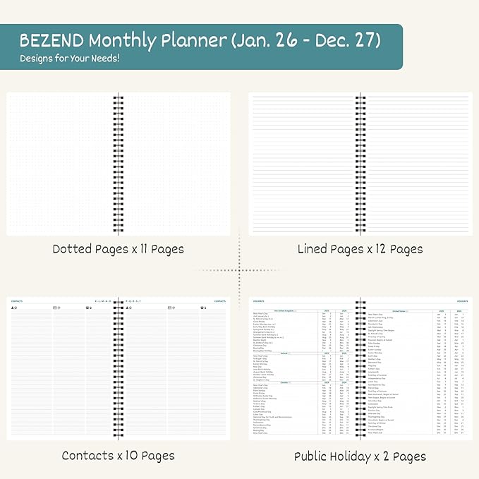 BEZEND Monthly Planner 2026-2027 (Spiral-8.5" x 11") 2 Year Calendar Book with Note Pages - Jan 26 to Dec 27-120 GSM Paper, Inner Pockets, Laminated Tabs, Vegan Leather Softcover - Dark Green