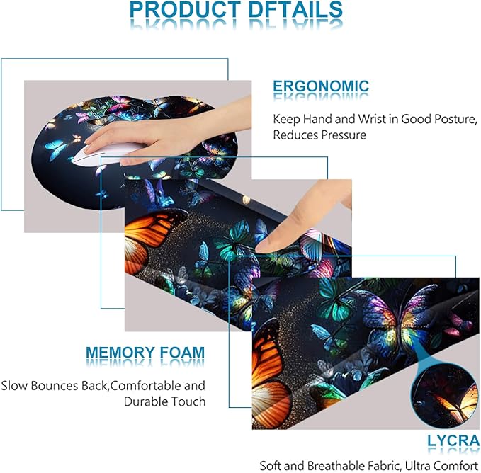 ARTSO Ergonomic Mouse Pad with Wrist Rest, Comfortable Keyboard Wrist Rest, Memory Foam Mousepad for Computer Keyboard, Mouse Pad Set for Easy Typing, Pain Relief, Night Butterfly