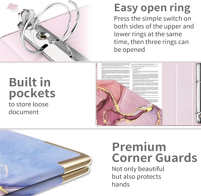 Ospelelf 3 Ring Binder 1.5 Inch, Pink Clipboard Organizer for Letter Size Documents (11" x 8.5") with 5 Tab Dividers, File Folder Labels, Paper Marble Binders for School and Office Supplies