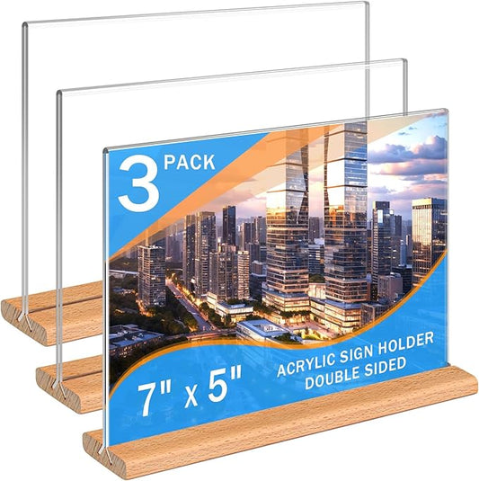 Kersally Acrylic Sign Holder 7 x 5'', 3 Pack Double-Sided Clear Table Display Stands with Wood Base,Horizontal Acrylic Frame Menu Flyer Paper Holder for Store, Restaurant, Hotel, Office, Show Fair