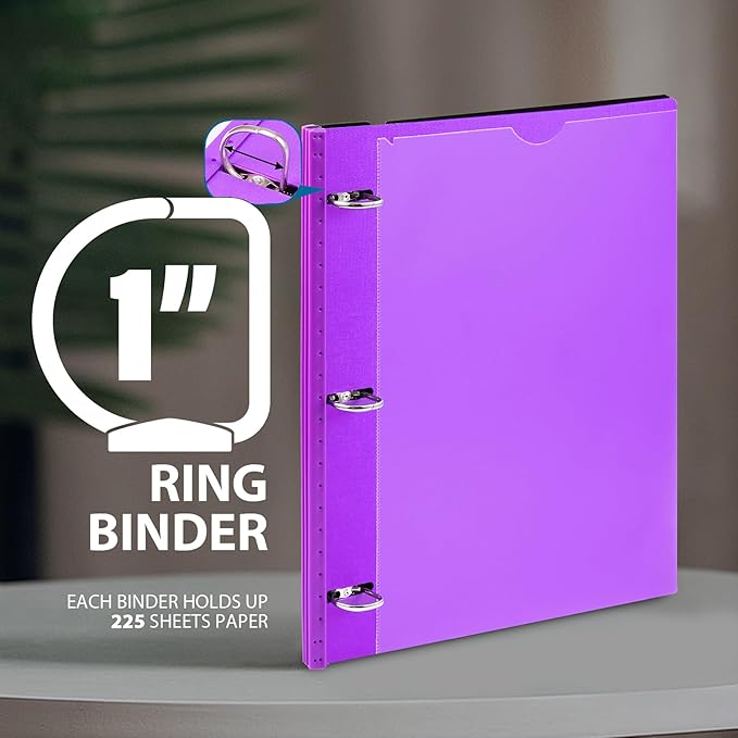 WOT I 1 Inch Telescoping 3 Ring Binder 12 Pack, Expandable Flexible Binder with Customizable Front Cover & Clear Catalog Pocket, Holds 225 Sheets, Assorted Colors, School Office Supplies