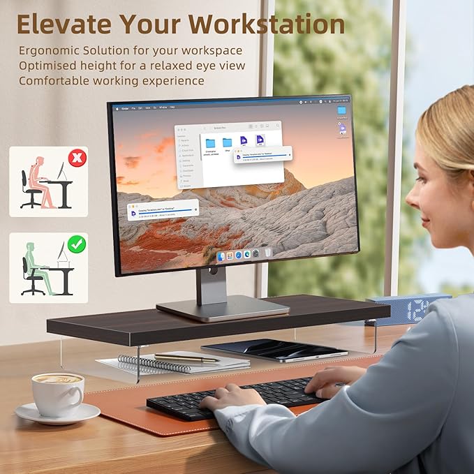 Monitor Stand Riser, Wood & Acrylic Computer Monitor Stand Desk Desktop Organizer Table for Home, Office Workspace, Laptop Riser, Printer, PC & TV Screen Riser