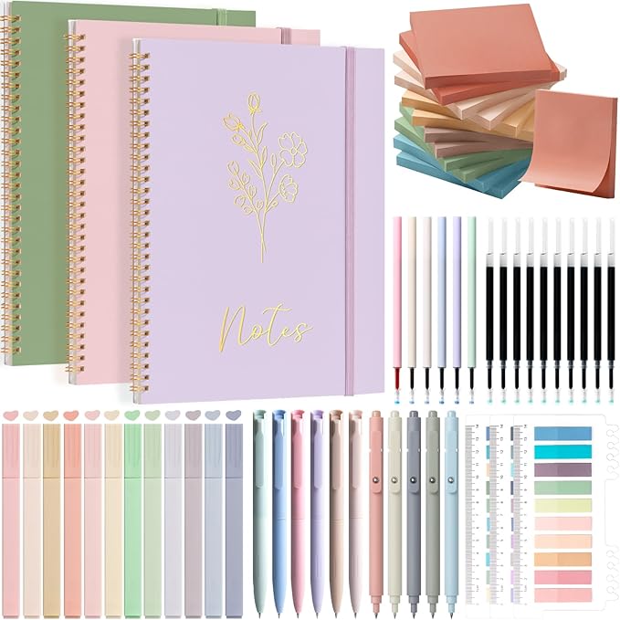 58PCS Aesthetic School Supplies, Cute College Ruled A4 Spiral Notebook Stationary Set Back to School Supplies Bible Study Kit Office College Essentials with Pastel Highlighters for Women Student Girls