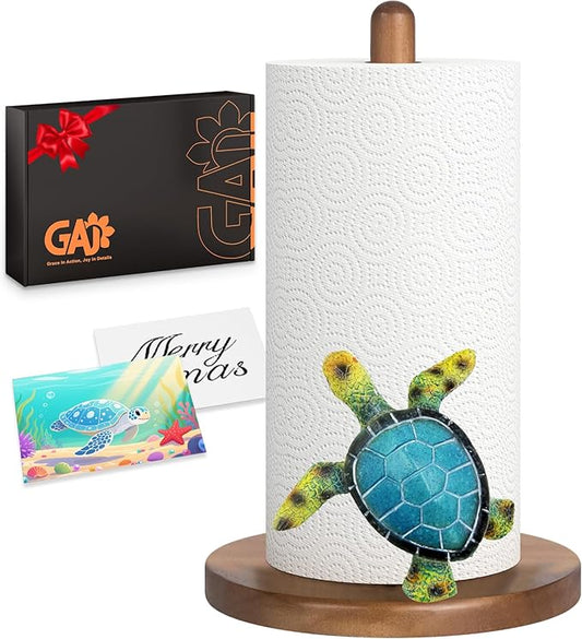 Turtle Paper Towel Holder Countertop, 3D Modern Marine Kitchen Counter Decor, Cute Resin Turtle Wooden Stand for Bathroom & Home Indoor Table, Winter Xmas Gift for Women, Housewarming Gifts, Green