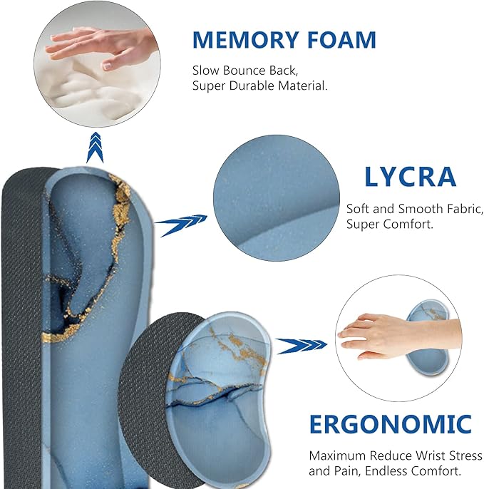 AIMSA Large Gaming Mouse Pad Set, Keyboard Wrist Rest Support Mouse Pad, Ergonomic Memory Foam Multifunctional Extended Desk Mat 35x15.7in Anti-Slip Rubber Base for Office Home, Blue Marble