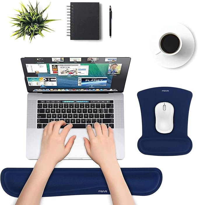 MOSISO Wrist Rest Support for Mouse Pad & Keyboard Set, Ergonomic Mousepad Non-Slip Base Home/Office Pain Relief & Easy Typing Cushion with Neoprene Cloth & Raised Memory Foam, Navy Blue