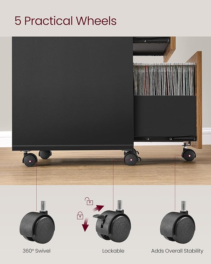 VASAGLE 2-Drawer File Cabinet, Locking Filing Cabinet for Home Office, Small Rolling Printer Stand, A4, Letter-Size Hanging Files, Assembly Required, Honey Brown and Ink Black ULCD027B01