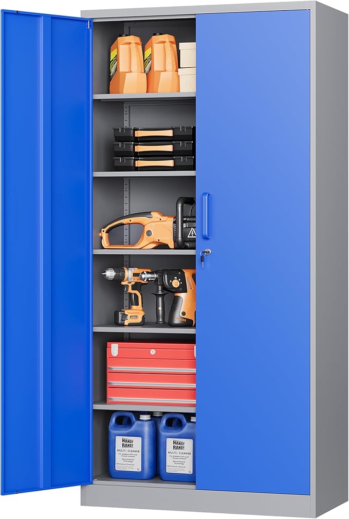 STANI Metal Garage Storage Cabinet with Lock, 71" Steel Lockable File Cabinet, Locking Steel Storage Cabinet with 5 Adjustable Shelves for Home, Office, Garage, Warehouse (Blue Grey, 2 Door - 71" H)
