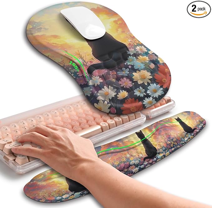 Hokafenle 2in1 Combination, Wave Keyboard Wrist Rest and Ergonomic Curvature Mouse Pad Wrist Support for Relieve Wrist Pain, Filled with Soft Cushion Memory Foam, Wishing Cat