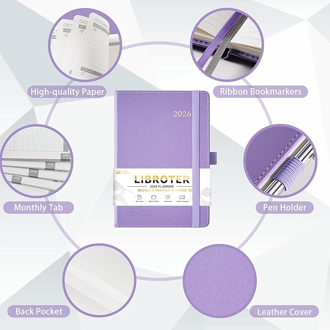 2026 Planner - Planner 2026, 2026 Weekly Monthly Planner, Jan.2026 - Dec.2026, 5.7'' x 8.4'', Thick Paper, Leather Cover, Pen Holder, Back Pocket, Bookmarks, Perfect Daily Organizer - Purple