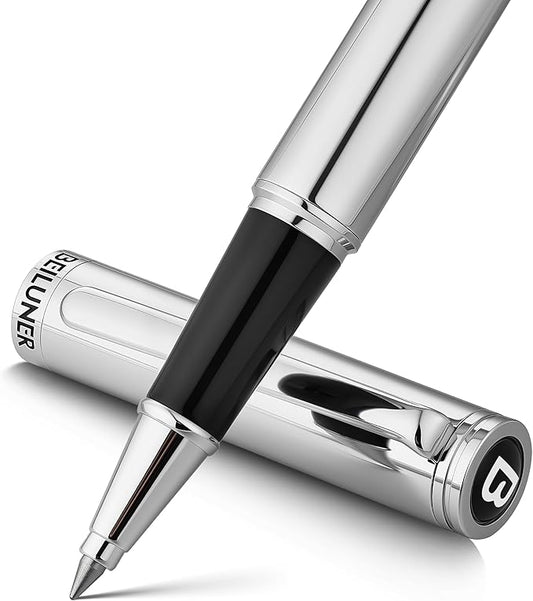 BEILUNER Luxury Silver Rollerball Pen, Stunning Bright Silver Chrome Finish,Noble and Elegant Designs,Schneider Ink Refill, Best Gift Pen for Men & Women, Professional, Executive Office, Fancy Pens