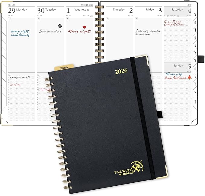 POPRUN 2026 Planner (Large Size 10'' x 8'' Wire-Bound Hard Cover) Daily Weekly and Monthly Calendar - Agenda 2026 (Jan.2026-Dec.2026) with Hourly Schedule, Monthly Tabs - Black