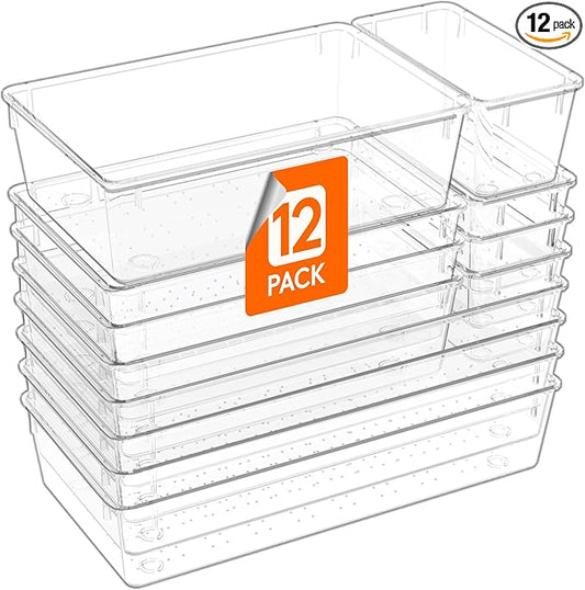 Lifewit 12 Pcs Large Bathroom Drawer Organizers, 3 Sizes Clear Plastic Storage Organizer Trays for Make Up, Kitchen Utensils, Vanity Accessories in Bathroom/Office/Dresser Organization