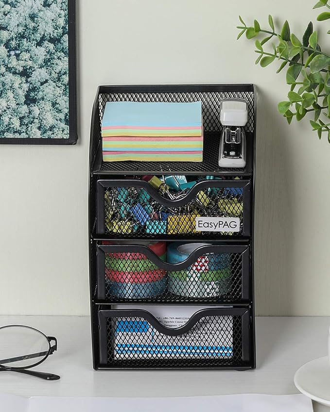 EasyPAG Mesh Desk Organizer with 3 Drawer Office Desktop Organizers and Accessories Stationery Caddy for Office, Home, Students, Black