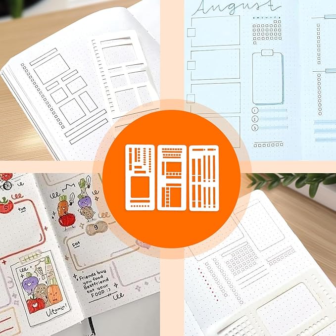 Handmade Flexible Record Template, Planner Stencil Set for Dot Grid Journals, Flexible Drawing and Checklist Templates, for Journaling Checklists Boxes Lines & Daily Planning, Set of 3 Pack (C)