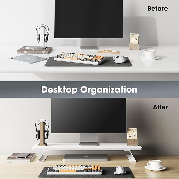 Fenge Monitor Stand Riser, Desk Top Shelf for 2 Monitors, Computer Stands for Desk, Wood & Steel Desktop Riser for Laptop, PC, Printer