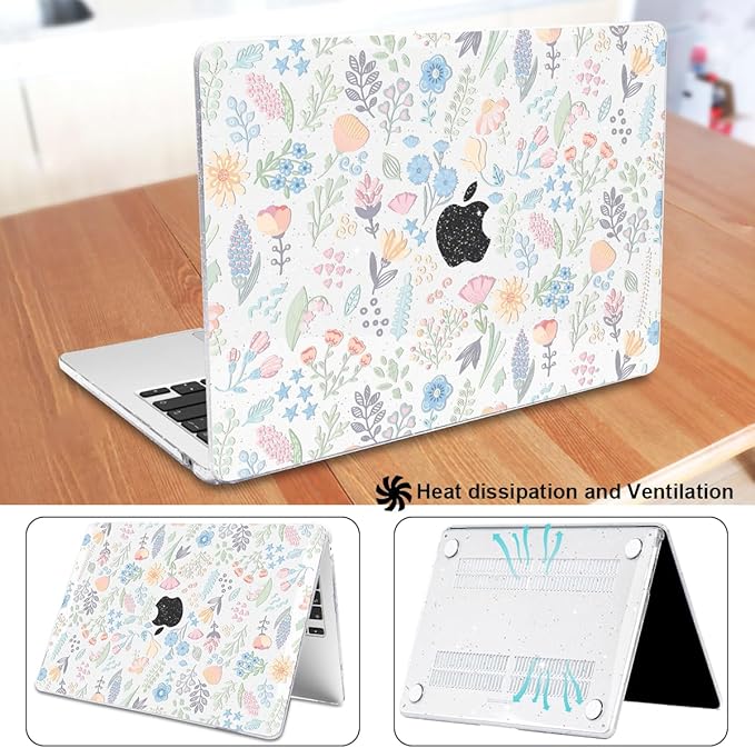 Compatible with 2025 MacBook Air 13.6 inch Case M4 A3240 Cover, Shiny Pattern Plastic Hard Shell Case Keyboard Skin for Mac Air 13.6 M2 A2681 M3 A3113 2024-2022 Release, Starry Sky Flowers