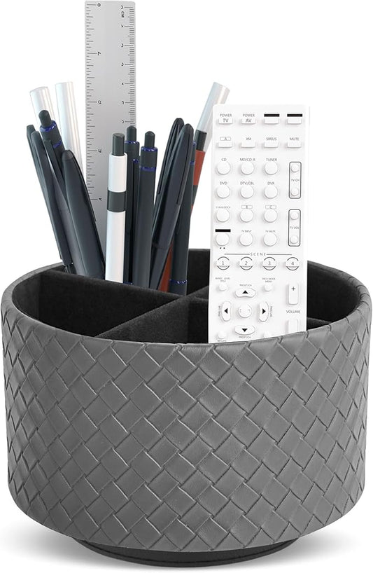 Hennaja Round Leather Art Supply Organizer,Remote Control Holder,360 Degree Spinning,Multi-Functional Pencil Holder,4 Compartments Desktop Stationary Organizer(1-Weave Grey)