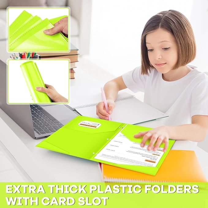 Henoyso 60 Pcs 2 Pocket Plastic Folders with Clear Front Pocket 3 Hole Punched File Folder Letter Size Take Home Documents Holder for Paper Holder Office Business Back to School Supply (Shiny Green)