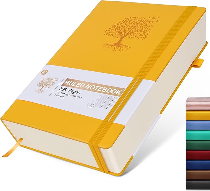 Lined Journal, 365 Pages A4 Large Hardcover Leather Notebook for Women Men, Daily Writing for Work, Note Taking, 100Gsm Thick Paper (8.5" x 11" Yellow)