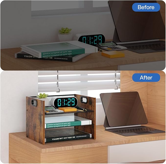 3 Tier Wood Paper Organizer for Desk, Metal Office Organizer and Accessories with Handle, Mesh File Holder for Desk, File Cabinets for Home Office, School