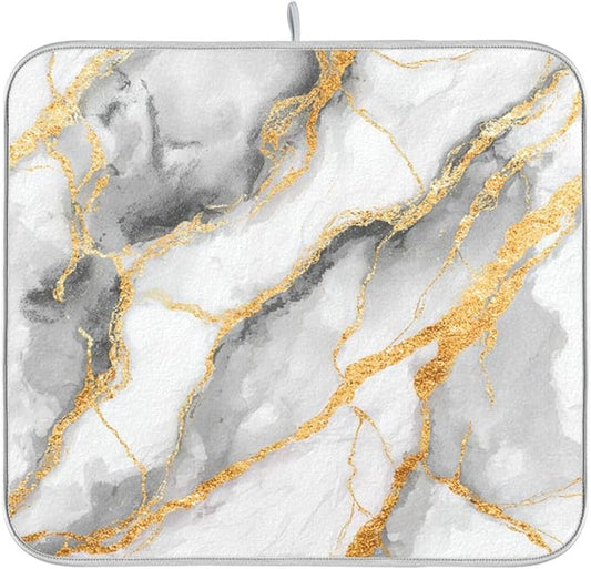 White Marble Dish Drying Mat for Kitchen Counter 16 x 18 Inch Gold Marbling Granite Absorbent Microfiber Dry Dishes Mats Drainer Mat Dish Drying Pad for Countertops