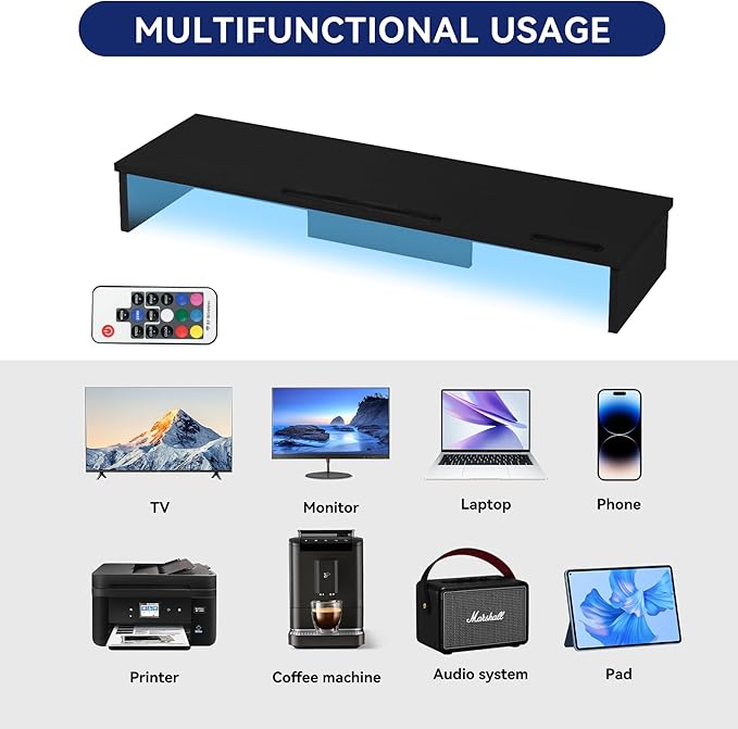 TV Riser Stand with LED Lights, 42.5in Super Large Monitor Stand with Phone Tablet Holder, Tabletop TV Stand Riser for Desk, Desktop Organizer for Computer, TV, Laptop, Printer
