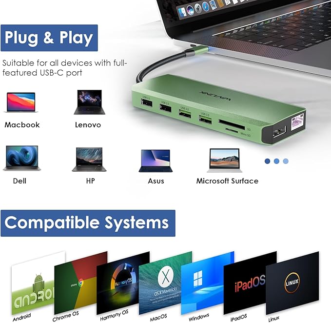 WAVLINK USB C Docking Station Dual Monitor, USB Type C Hub Triple Display, USB C to 2 HDMI,DisplayPort, PD Charging, Ethernet, 5 USB, SD/TF Read, Audio for MacBook Dell HP Lenovo Surface, Green