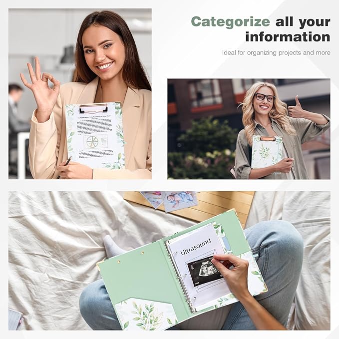 Ospelelf Mini Binder 3 Ring 1 Inch, Green Floral Round Ring Clipboard Binder with 5 Tab Dividers, for School and Office Supplies, Greenleaf